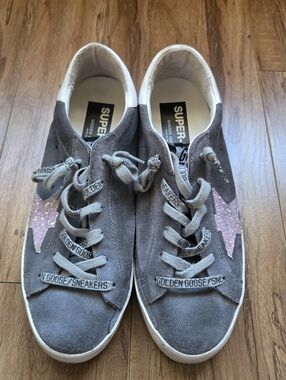 Golden Goose Super Star Grey Suede Sneakers with Pink Glitter Star 40, 9.5